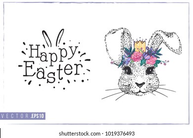 Tarjeta de saludo de Pascua con conejita tonta y texto: Pascua feliz. Ilustración dibujada a mano con letras paschales. Afiche de la primavera para felicitaciones previas a la Semana Santa y posteriores a la Semana Santa.