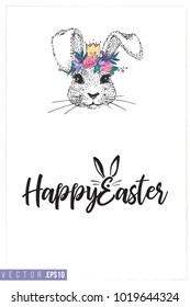 Easter greeting card with silly bunny and text: happy Easter. Hand drawn illustration with paschal lettering. Spring poster for pre-Easter and post-Easter congratulations.