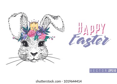 Easter greeting card with silly bunny and text: happy Easter. Hand drawn illustration with paschal lettering. Spring poster for pre-Easter and post-Easter congratulations.
