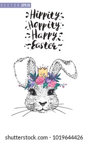 Easter greeting card with silly bunny and text: hippity hoppity happy Easter. Hand drawn illustration with paschal lettering. Spring poster for pre-Easter and post-Easter congratulations.