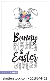 Easter greeting card with silly bunny and text: bunny kisses Easter wishes. Hand drawn illustration with paschal lettering. Spring poster for pre-Easter and post-Easter congratulations.