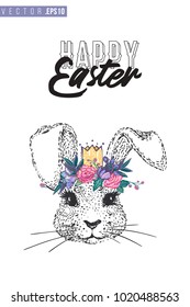 Easter greeting card with silly bunny and text: happy Easter. Hand drawn illustration with paschal lettering. Spring poster for pre-Easter and post-Easter congratulations.