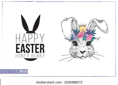 Easter greeting card with silly bunny and text: happy Easter honey bunny. Hand drawn illustration with paschal lettering. Spring poster for pre-Easter and post-Easter congratulations.