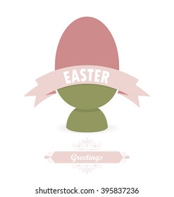 Easter greeting card. Simple boiled egg standing alone in the green egg cup on the white background. Big "Easter" sign in the middle of the image.