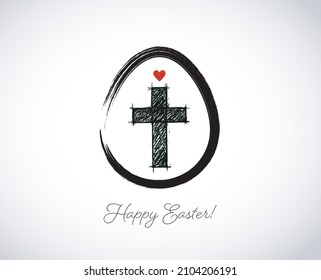 Ostergrußkarte im einfachen minimalistischen Stil mit Kruzifix. Christliches Kreuz auf Osterei auf weißem Hintergrund