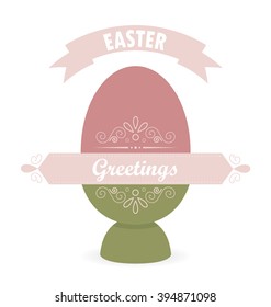 Easter greeting card with simple pink egg in egg cup served on the white background.
Modern, flat design. Big decorative ribbon on the top of the image.
Floral decoration around text boxes.