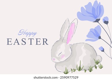 Easter greeting card with a sleeping bunny resting on grass, accompanied by blue flowers. Soft pastel tones create a calm and heartwarming holiday scene