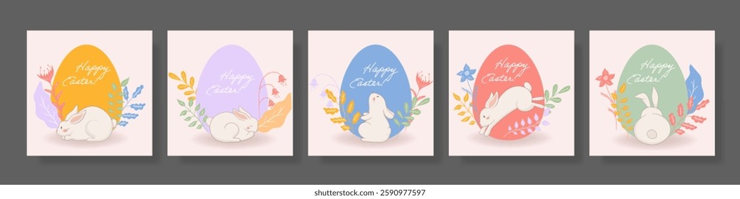 Easter greeting card with a sleeping bunny, floral decorations, and a golden egg background. Soft pastel colors create a festive and warm holiday atmosphere