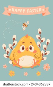 Easter greeting card with small chick, flowers and bee. Hand drawn cute cartoon chick. Flat vector spring greeting card. Happy Easter. Vector illustration