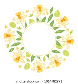 Easter greeting card with small flowers, eggs, narcissus, leaves and circle blank label. Perfect for holiday and spring invitations