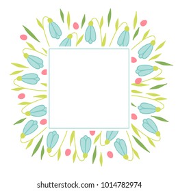 Easter greeting card with snowdrops, leaves, eggs and square blank label. Perfect for holiday and spring invitations