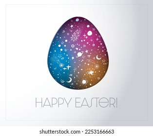 Tarjeta de saludo de Pascua con elementos de doodle espacial en el huevo. Ilustración vectorial.