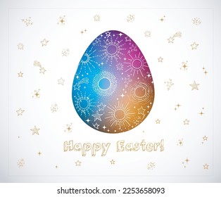 Easter greeting card with space doodle elements in the egg. Vector illustration.