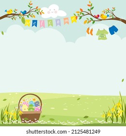 Easter greeting card, Spring background with Hello Spring landscape with welcome flags,Kid clothe hanging  tree on blue sky background,Vector Banner backdrop of green grass field in Sunny day summer