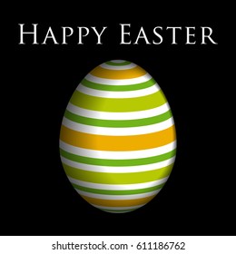 Easter greeting card - spring color stripes, pastel light, dark green and orange on white egg, in front of a black background