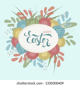 Easter greeting card with spring flowers and hand written text Easter. Vector Eps10