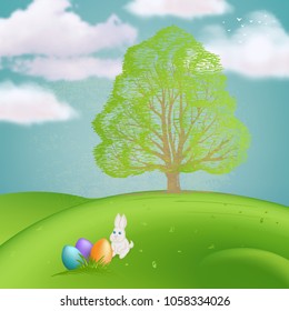Easter greeting card: spring lawn with a tree and a rabbit found colorful eggs. Vector illustrations in the cartoon style.