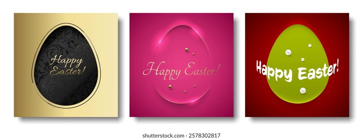 Easter greeting card square social network post template set. Vector paper cut egg shape frame, Happy Easter lettering. Gold, pink, red background, elegant line, black floral pattern, pearl beads