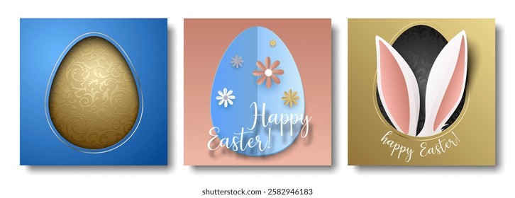 Easter greeting card square social network post template set. Paper cut egg shape frame with bunny ears, floral pattern and Happy Easter lettering. Blue, pink, gold background with rabbit ears