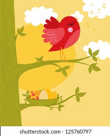 Easter Greeting Card - Sweet red bird singing, with a basket of eggs beneath, colorful and cheerful greeting