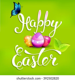 Easter greeting card with Easter symbols and handwritten text "Happy Easter". Vector illustration for  posters,   greeting cards, print and web projects.