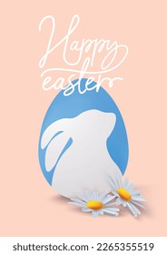 Easter greeting card template. 3d realistic blue egg with easter bunny, rabbit and daisies. Vector illustration for banner, poster, background, brochure, flyer. Happy Easter calligraphic lettering.