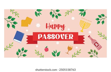 Easter greeting card template banner. Pesach poster with matzo, wine bottle, candles, books, spring flowers. flat vector modern illustration 