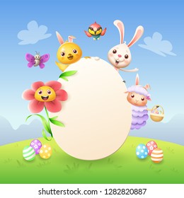 Easter greeting card template - Easter bunny, chicken, flower, sheep bee-eater bird and butterfly celebrate Easter around egg - spring landscape background