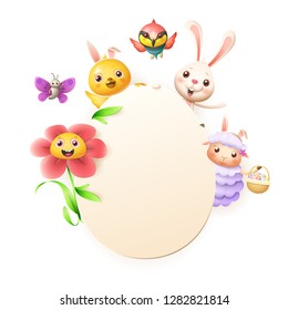 Easter greeting card template - Easter bunny, chicken, flower, sheep bee-eater bird and butterfly celebrate Easter around egg - isolated on white - empy space