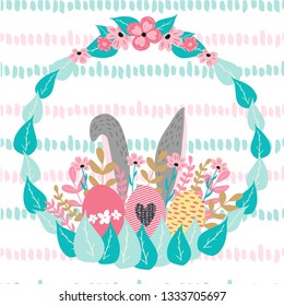 Easter greeting card template. Bunny rabbit ears and floral wreath with flowers and easter eggs.