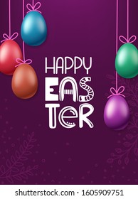 Easter greeting card template. Color eggs on rope