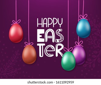 Easter greeting card template. Color eggs on rope