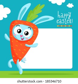 Easter greeting card template with a cute bunny in the costume of carrot and space for text