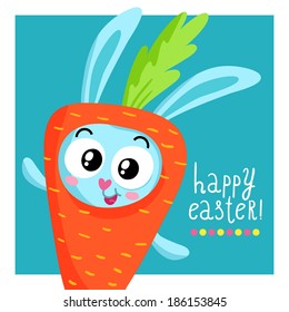 Easter greeting card template with a cute bunny in the costume of carrot