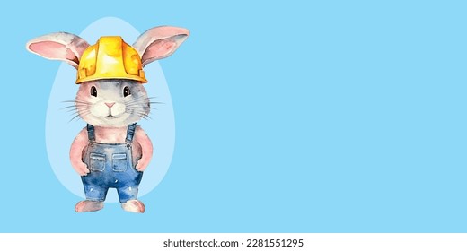 Easter greeting card template with a cute bunny as a builder in a protective helmet. Watercolor style vector illustration.