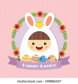 Easter greeting card template design. Cute kid wearing bunny costume with baby chick, flower wreath, easter eggs and purple ribbon on pink polka dot background. 