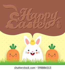 Easter greeting card template design. Cute cartoon rabbit, baby chick with carrots on meadow and chocolate speech bubble with text.