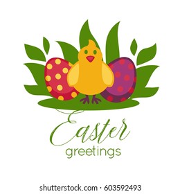 Diseño de plantillas de tarjetas de felicitación de Pascua y texto de huevos de pastilla y pollo feliz en abril hierba de primavera sobre fondo blanco