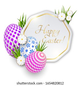 Easter greeting card template. Easter eggs on green grass with daisies. Bright sunny holiday card.