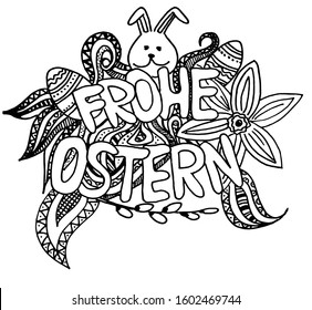 Easter greeting card template. Frohe Ostern means Happy Easter on german language. Line art detailed, with lots of objects vector card design. Lettering.
