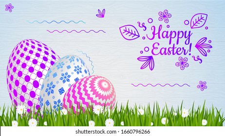 Easter greeting card template with with a funny congratulatory inscription. Lettering for cards. Easter eggs on green grass with daisies. Bright sunny holiday card.