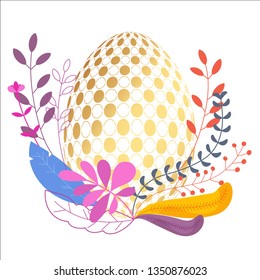 Easter greeting card template. Golden Easter egg framed from stylized plant leaves. Gentle, light and airy elegant card.