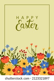 Plantilla de tarjeta de saludo de Pascua. Texto dibujado a mano sobre fondo verde con flores de colores. Plantilla para cartel, tarjeta de felicitación, invitación o postal.