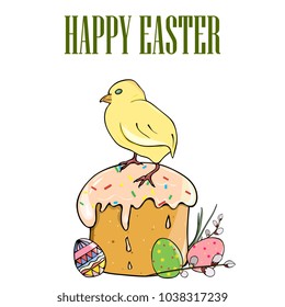Easter greeting card template with inscriptions Happy Easter. Hand drawn illustration with cake, chicken and Easter eggs.