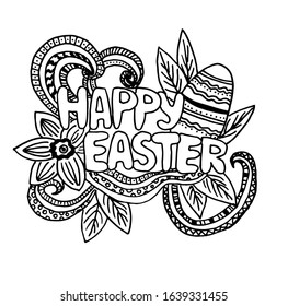 Easter greeting card template. Lettering Easter. Line art detailed, with lots of objects vector card design: eggs, flowers