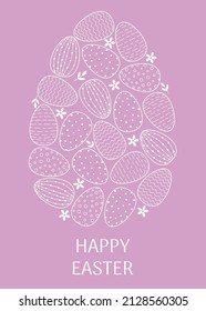 Easter greeting card template. Line art white decorated Easter eggs, branches  and  flowers on purple background. 