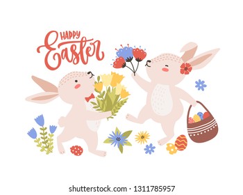 Easter greeting card template with pair of cute funny bunnies or rabbits collecting spring flowers and eggs and holiday lettering handwritten with cursive font. Flat cartoon vector illustration.