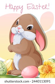 Easter greeting card template. Poster with Easter bunny, eggs and daffodil. Spring cute holiday illustration