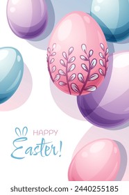 Easter greeting card template. Poster with Easter eggs. Spring cute holiday illustration