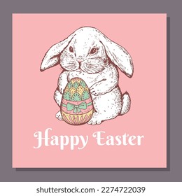 Easter greeting card template with rabbit or bunny holding egg, vintage style hand drawn gravure colored vector illustration. Design for congratulations to the Easter.
